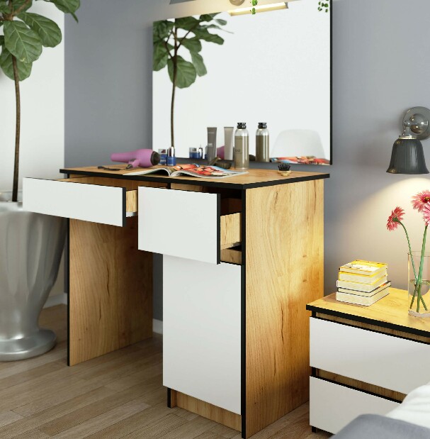 Masă de toaletă Parijat (Stejar craft + Alb) (cu oglindă) (D)