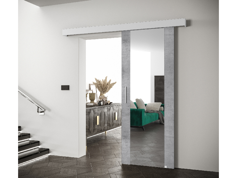 Uși culisante 90 cm Sharlene II (beton deschis + alb mat + argintiu) (cu oglindă)