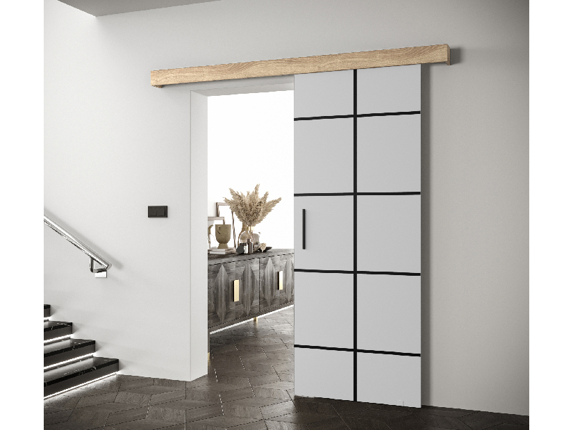 Uși culisante 90 cm Sharlene III (alb mat + stejar sonoma + negru)