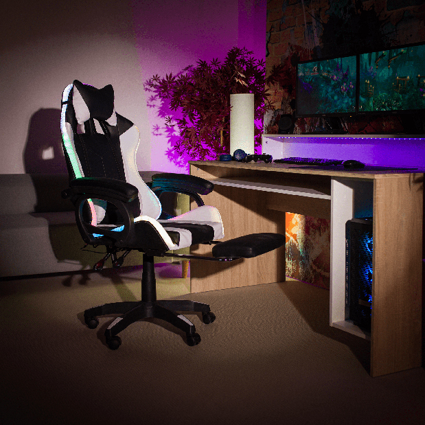 Fotoliu birou Juventa (cu RGB iluminat LED) (negru + alb)