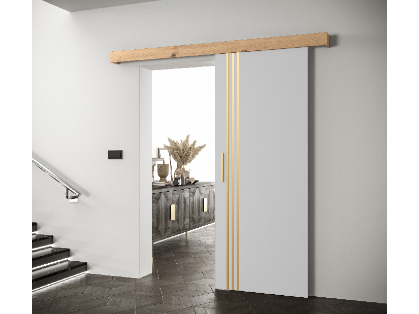 Uși culisante 90 cm Sharlene VI (alb mat + stejar artisan + auriu)