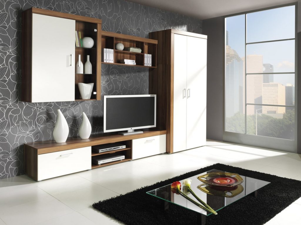 Mobilier living elegant și practic Salford 1. Conține masă TV, dulap și dulap suspendat de perete. În combinatie cu alb.