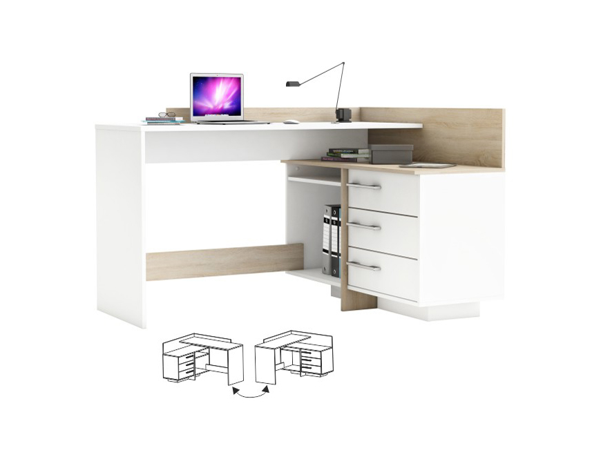 Masa PC de colt su suficient spatiu de depozitare datorita rafturilor si a dulapului. Versiunea color de alb cu stejar sonoma. Potrivita pentru un birou mai mare.