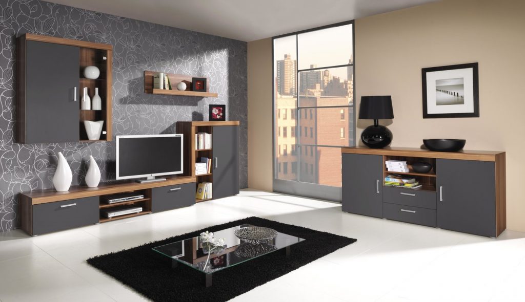 Mobilier living elegant și practic Salford 2. Conține masă TV, dulap și dulap suspendat de perete.