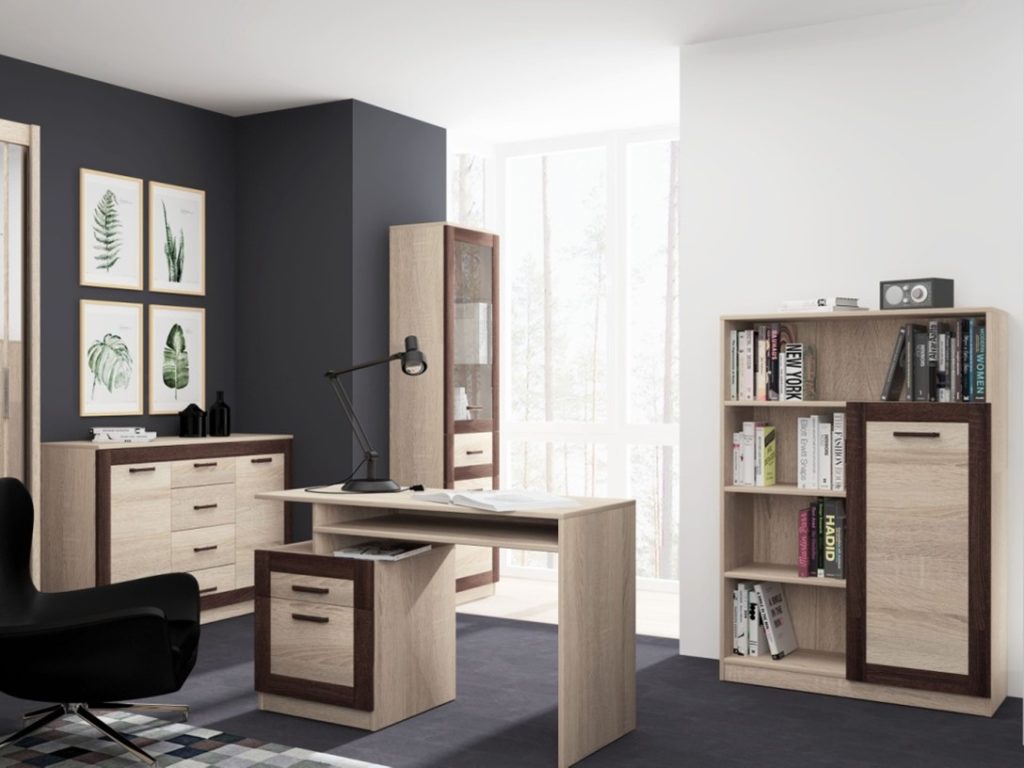 organizare birou sau masă de lucru, mobilier pe versiune color deschisă.