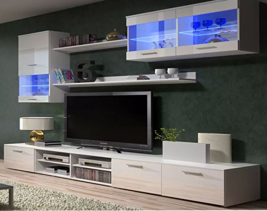 Mobilier living compus din mai multe piese. Mese TV, rafturi și dulapuri de perete.