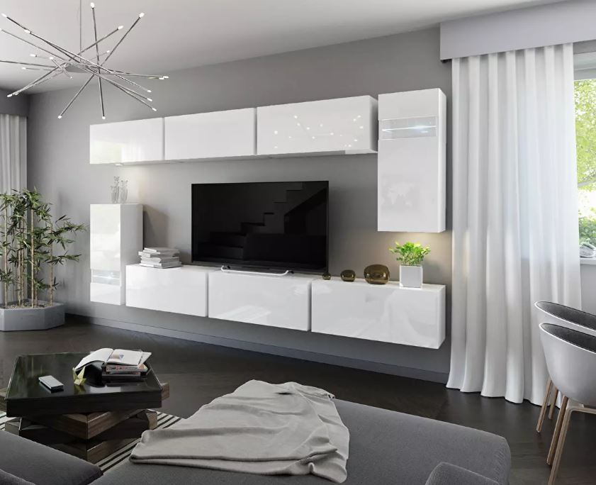 Mobilier pentru camera de zi pe culoarea de alb lucios. Format din mai multe piese suspendate de perete.