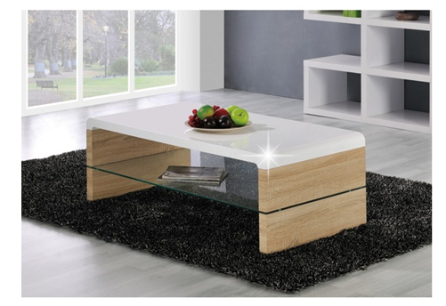 Masa de cafea Krento 2 New cu design modern și atractiv, cu partea superioară în alb dintr-un luciu strălucitor cu un raft de sticlă tare. Datorită designul său se încadrează în gospodăriile moderne. Versiunea color a mesei de cafea este din stejar sonoma și alb.