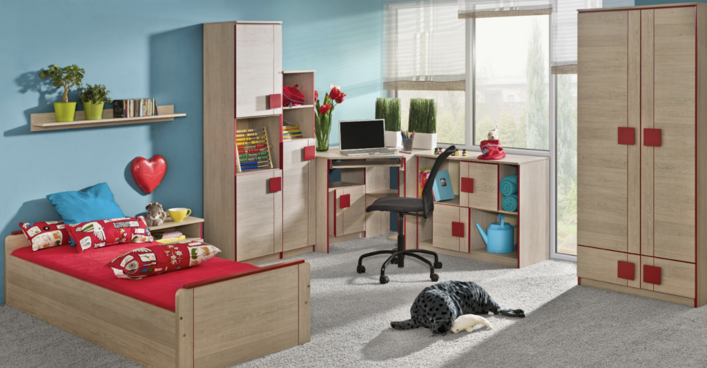 Scaun și birou pentru școlari. Set masă PC, scaun, pat, dula și rafturi. Culoare sonoma + roșu.