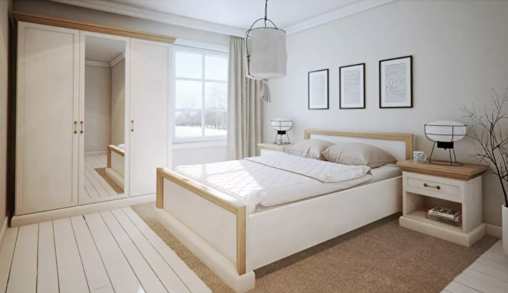 Dulap de haine cu oglindă pe  versiunea color de alb și stejar deschis. Gama de mobilier oferă la alegere deasemenea pat și noptiere pe același design.