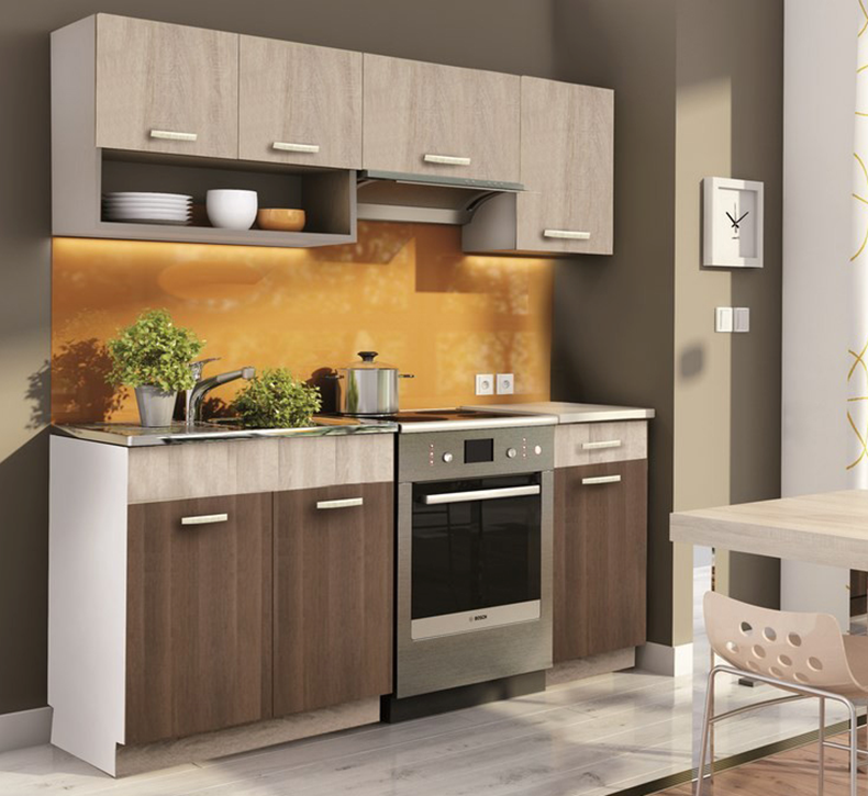 Mobilier de bucătărie versiune color mai deschisă și mai închisă. Stejar sonoma. Blat de lucru potrivit pentru bucătărie, la alegere.