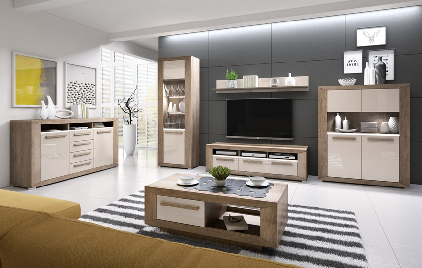 Set de mobilier pentru living. Masa de cafea potrivită, mobilier de perete, comodă.