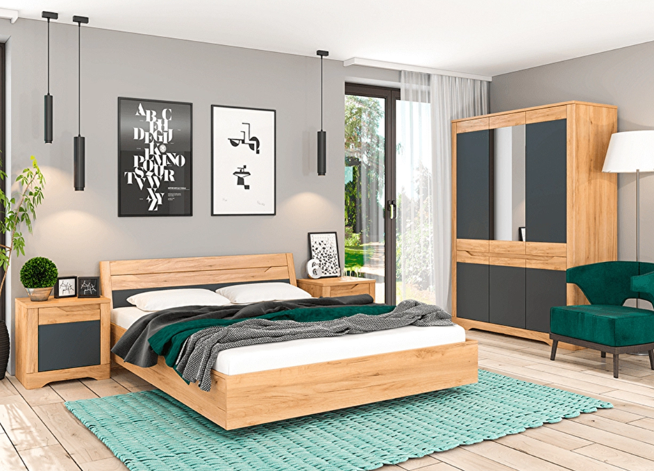 Noptiera potrivită pentru dormitor în stil natural pe culoarea lemnului în combinație cu gri.