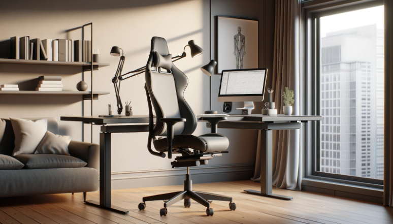 Masa PC cu inaltime reglabila, scaun de birou, canapea polite.