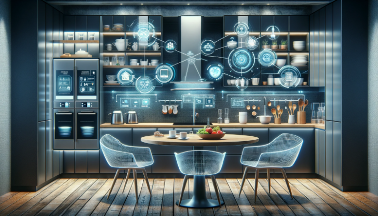 Imaginea unei bucătării inteligente. Cu masă de sufragerie, 3 scaune de sufragerie,, electrocasnice inteligente si desigur mobiliet inteligent de bucătărie.