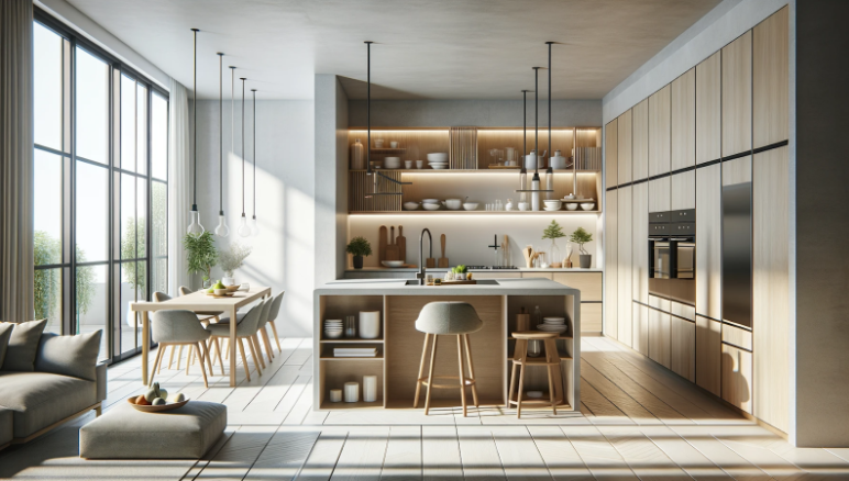 MINIMALISM ȘI MULTIFUNCȚIONALITATE. Poza cu bucatarie amenajata modern. Contine imagini cu mobilier bucatarie, masa si scane de sufragerie, insula bucatarie.