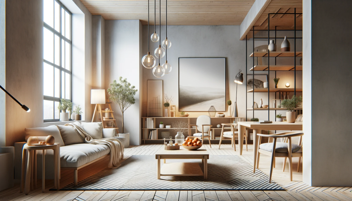 Imagine cu fundal pe culori deschise. Sunt prezentate piese de mobilier precum canapea, masuta cafea, masuta consola, masa si scaune sufragerie, mobilier living.