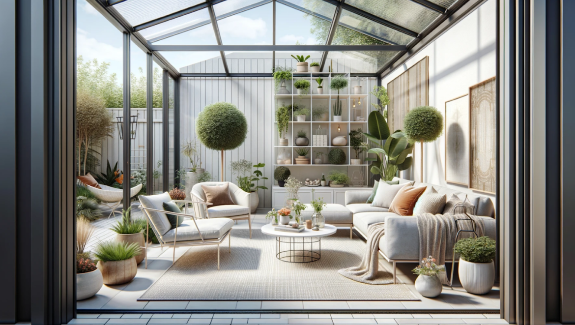 Gradina de iarna cu coltar, scaune si masuta cafea. Covor alb sub masa de cafea