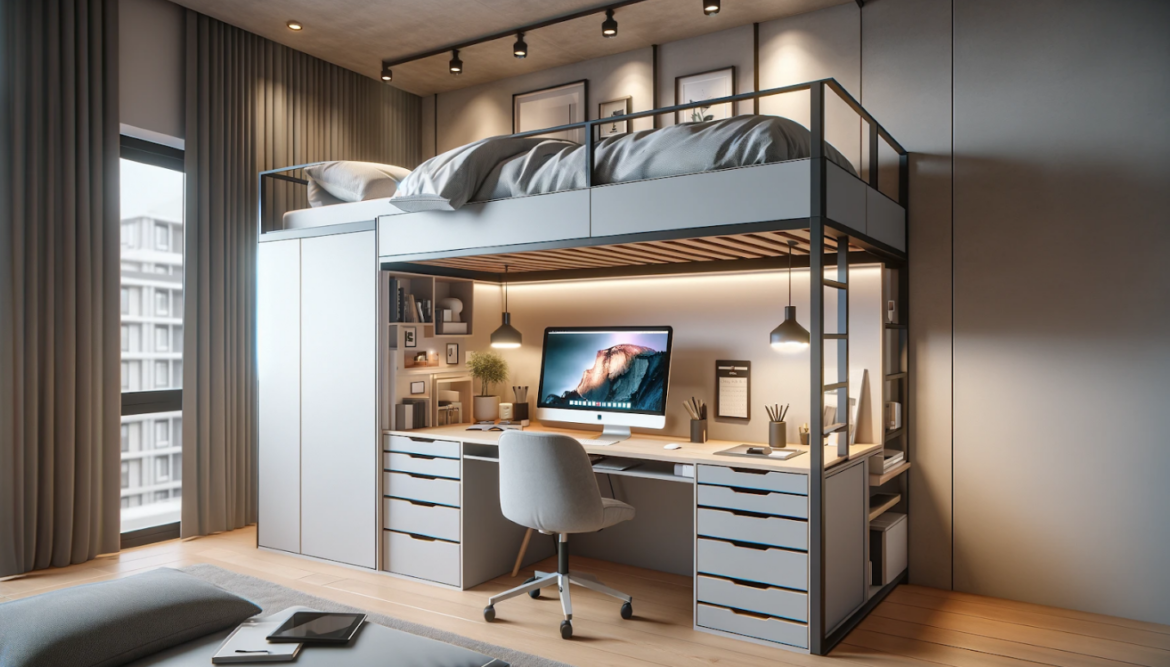 Imaginea unui pat etajat cu birou si dulap