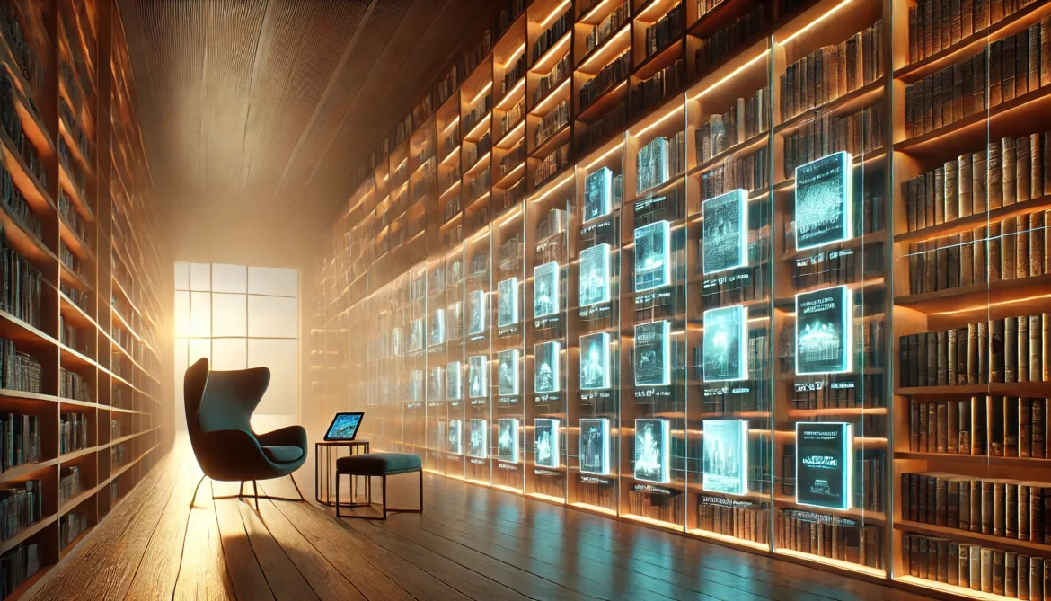 Bibloteci și rafturi, fotoliu cu taburet verde.