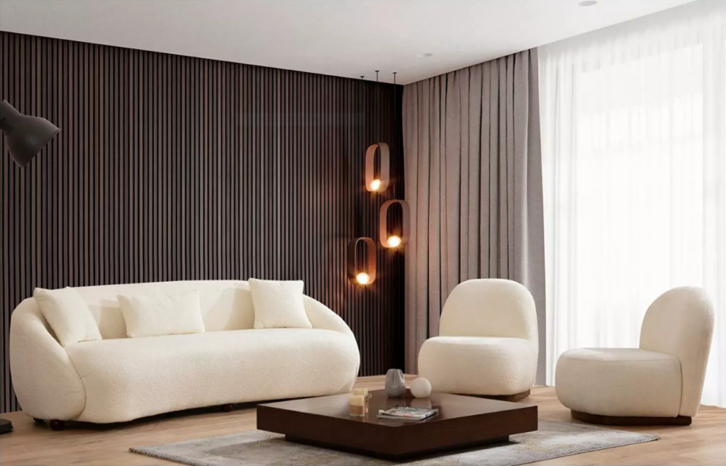 Pentru anul 2025 în tendinte de design recomandam set canapea cu fotolii crem, masa de cafea maro.