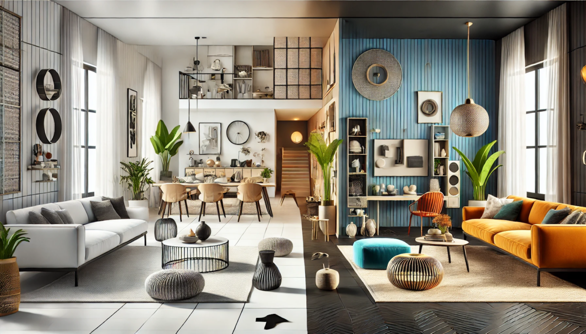 Canapea portocalie, măsuța de cafea, rafturi, taburet gri.