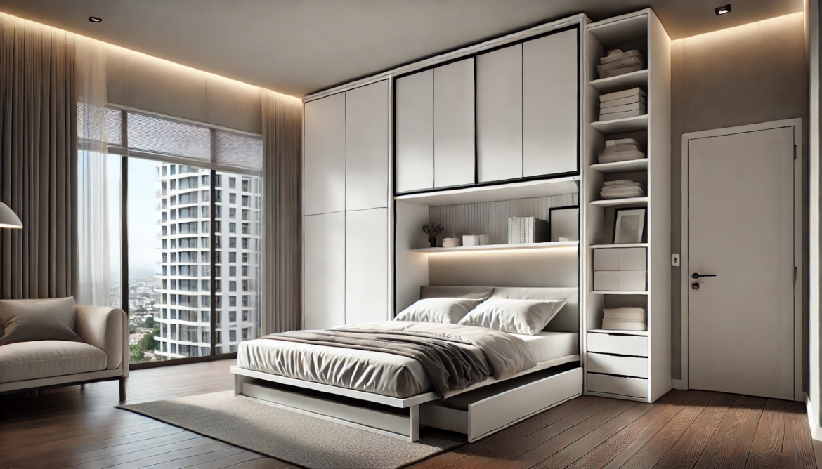 Canapea crem, pat cu spațiu de depozitare, dulap de haine.