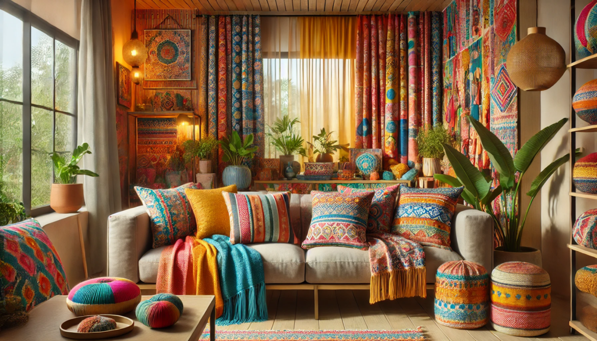 Canapea, perne colorate, perdele, cuvertură.