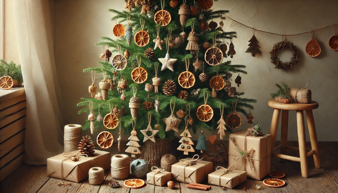 Scaun din lemn, decorațiuni de Crăciun.