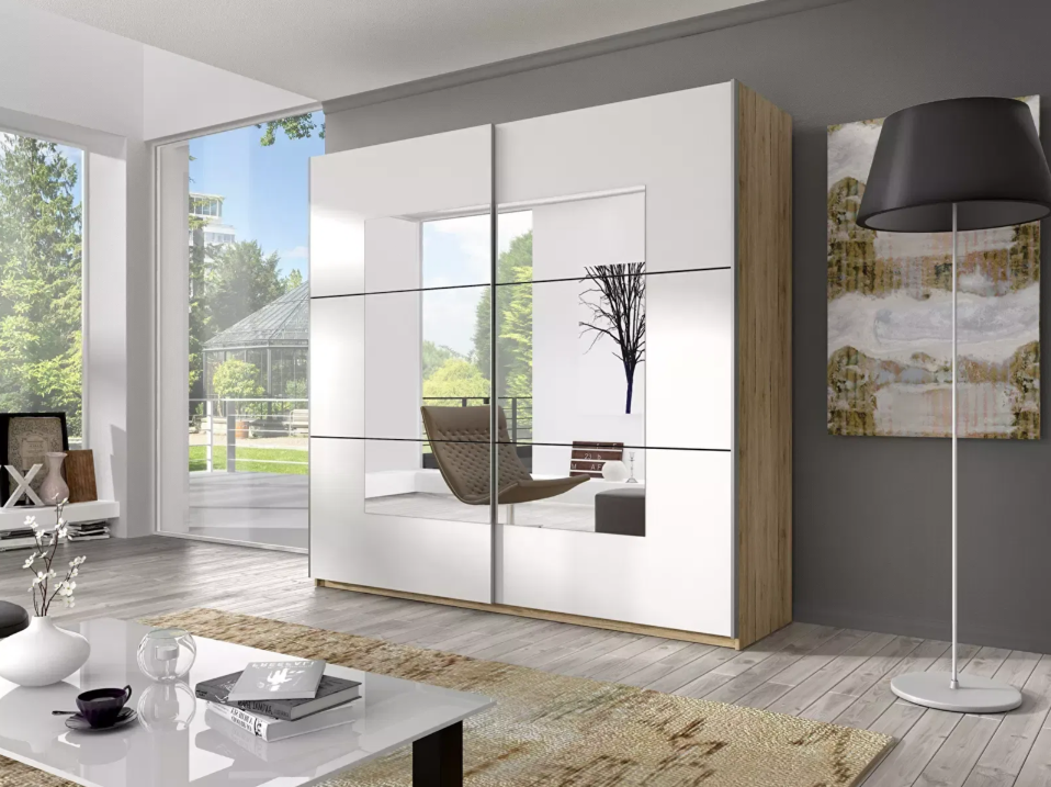 Dulap de haine Benson Typ 57 (san remo deschis + Alb + Oglindă), un mobilier cu oglinzi modern.