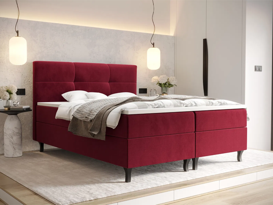 Pat matrimonial Boxspring 140 cm Lumba (bordo) ( cu saltea și sp. depozitare)