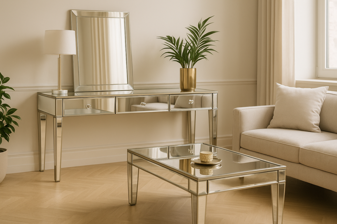 Mobilier din oglinzi: Consolă din sticlă, Măsuță din sticlă, canapea crem.