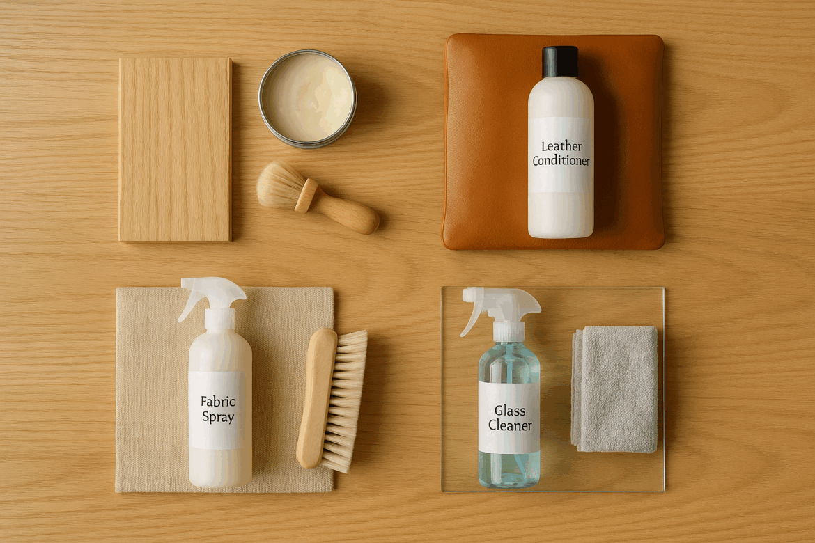 Produse de întreținere pentru mobilier: spray pentru textile, balsam pentru piele, soluție pentru sticlă și ceară pentru lemn, așezate pe o suprafață din lemn deschis