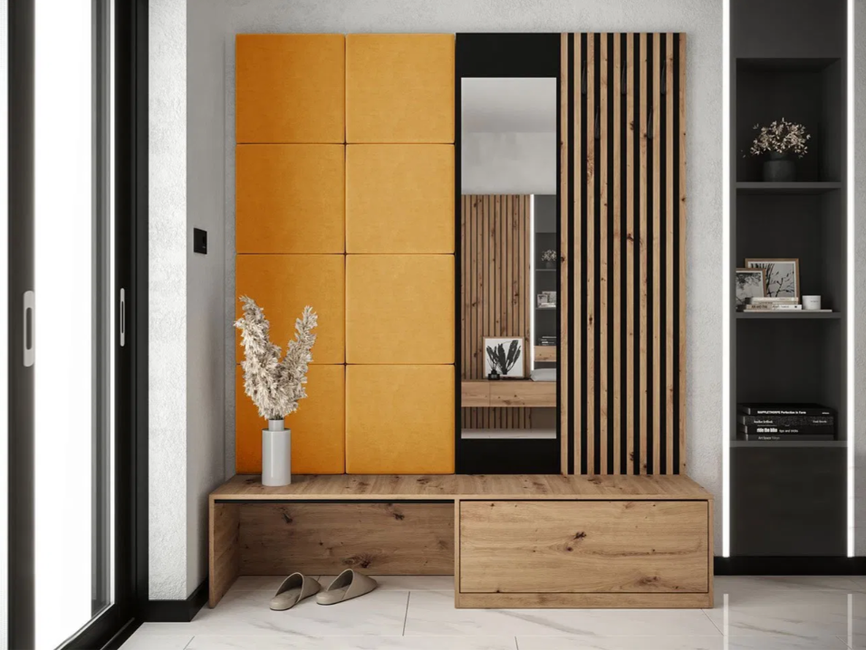 Mobilier hol Anrolat I (Stejar artisan + Negru + Galben) (cu oglindă) - Decorațiuni de toamnă