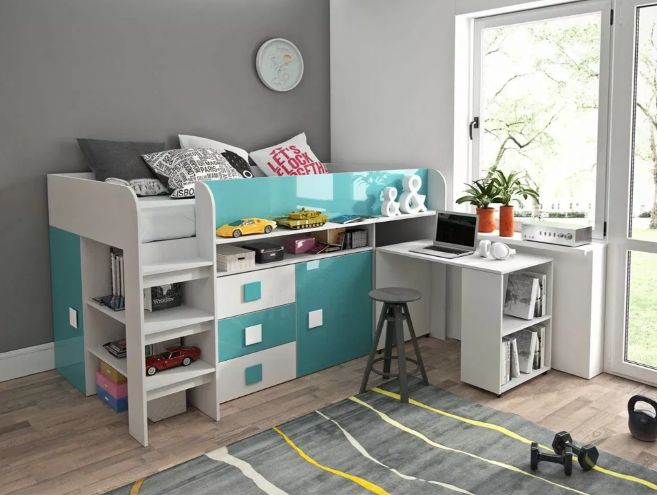 Pat etajat cu masă de scirs 1 Tomek (Alb + Tyrkysový lucios + alb lucios)- Culoarea mobilierului