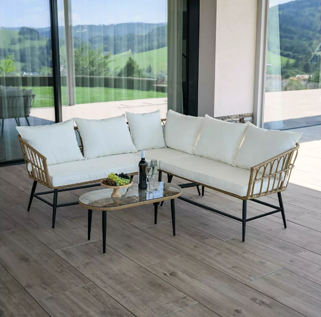Set mobilier de grădină Arala (natural + bej + negru) (pentru 4 persoane)