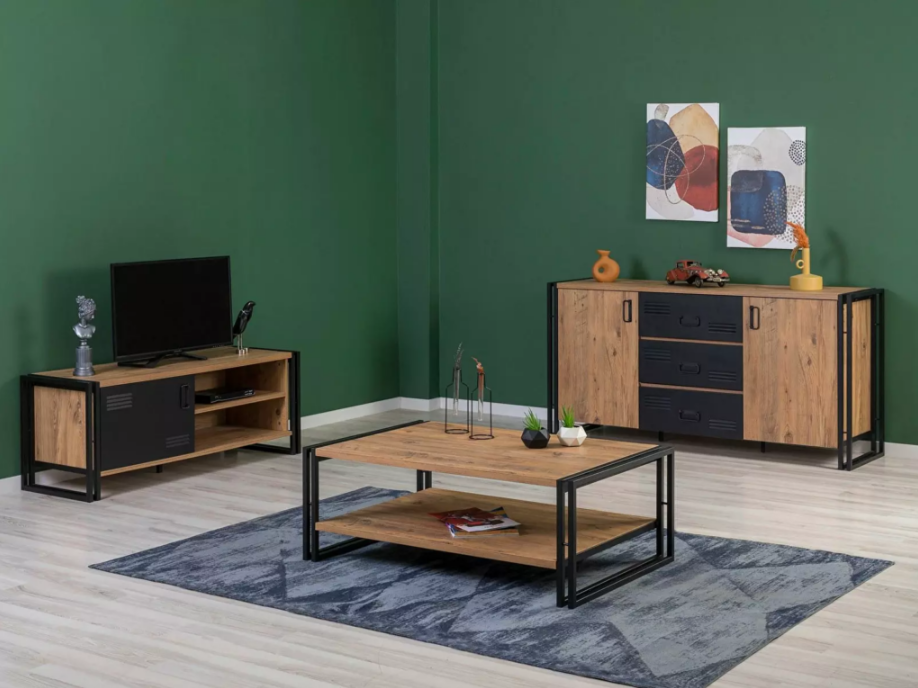 Produse recomandate din istoria mobilierului: comoda stejar cu negru, masa de cafea stejar cu negru, masa TV.