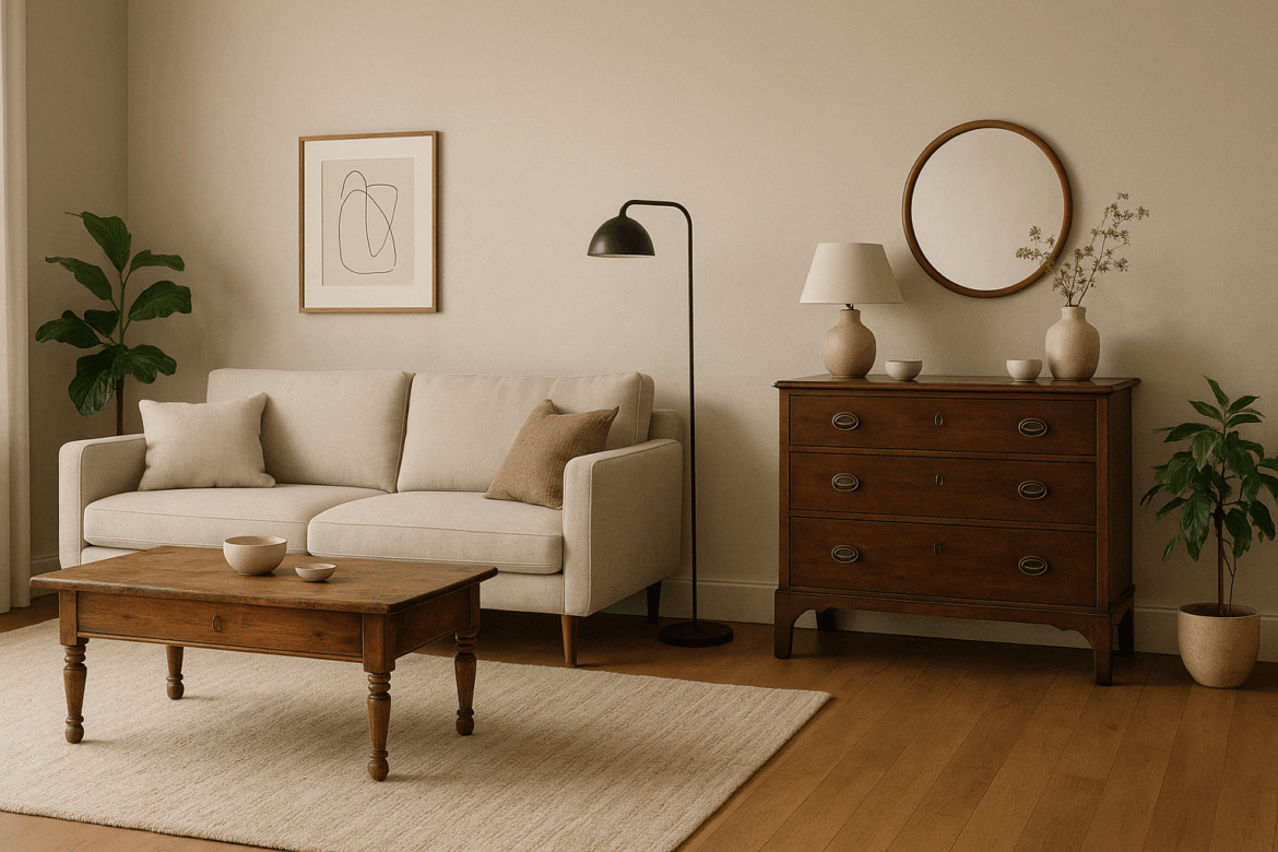 Un living primitor, în nuanțe neutre, cu o canapea bej, o măsuță de cafea din lemn rustic, o comodă din lemn închis la culoare cu o lampă și o oglindă rotundă, completat de plante de interior și decorațiuni minimaliste.