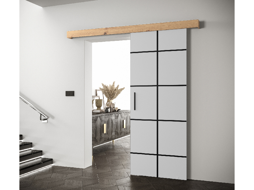 Uși culisante 90 cm Sharlene III (alb mat + stejar artisan + negru)