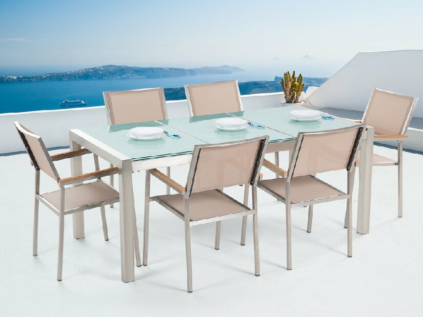 Set de masă pentru grădină Grosso (bej) (blat din sticlă 180x90 cm) (scaune bej)