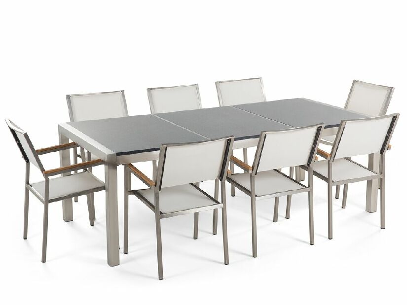 Set de masă pentru grădină Grosso (gri închis) (scaune albe) (pentru 8 persoane) (granit)