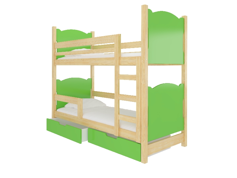 Pat etajat pentru copii 180x75 cm Marryann (cu somieră și saltea) (Pin + Verde)