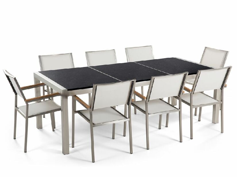 Set de masă pentru grădină Grosso (negru) (scaune albe) (pentru 8 persoane) (piatră)