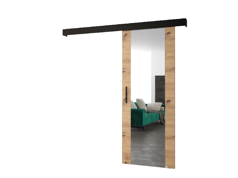 Uși culisante 90 cm Sharlene II (stejar artisan + negru mat + negru) (cu oglindă)