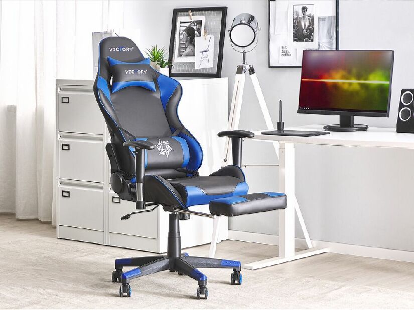Scaun de birou VITTORE (piele artificială) (negru + albastru)