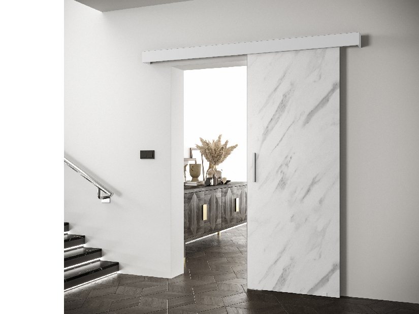 Uși culisante 90 cm Sharlene I (marmură alb + alb mat + argintiu)