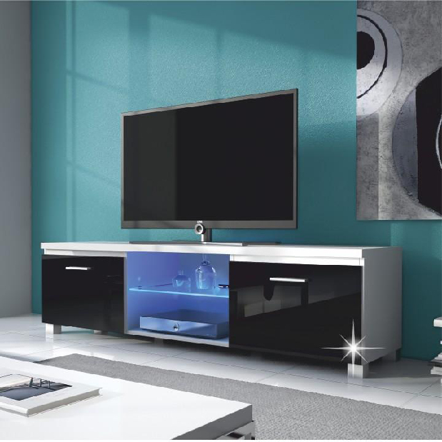 TV asztal/szekrény Lugo 2 (fehér + extra magasfényű fekete) (világítással) *vânzare stoc