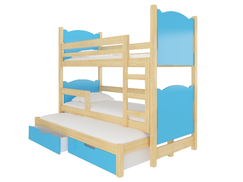Pat etajat pentru copii 180x75 cm Lukrécia (cu somieră și saltea) (Pin + Albastru)