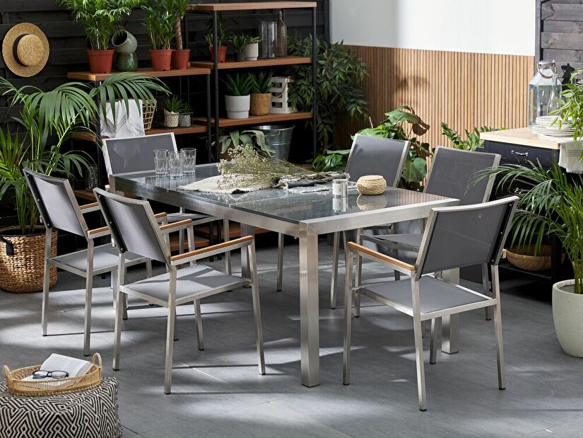 Set de masă pentru grădină Grosso (gri + maro închis) (scaune gri) (pentru 6 persoane) (granit)
