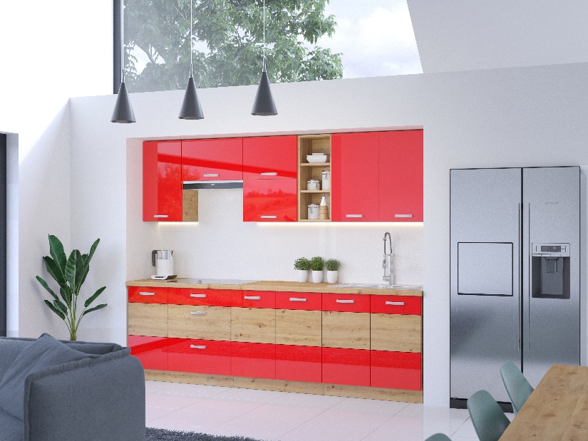 Bucătărie Arryn 260 cm (Stejar artisan + Roșu)